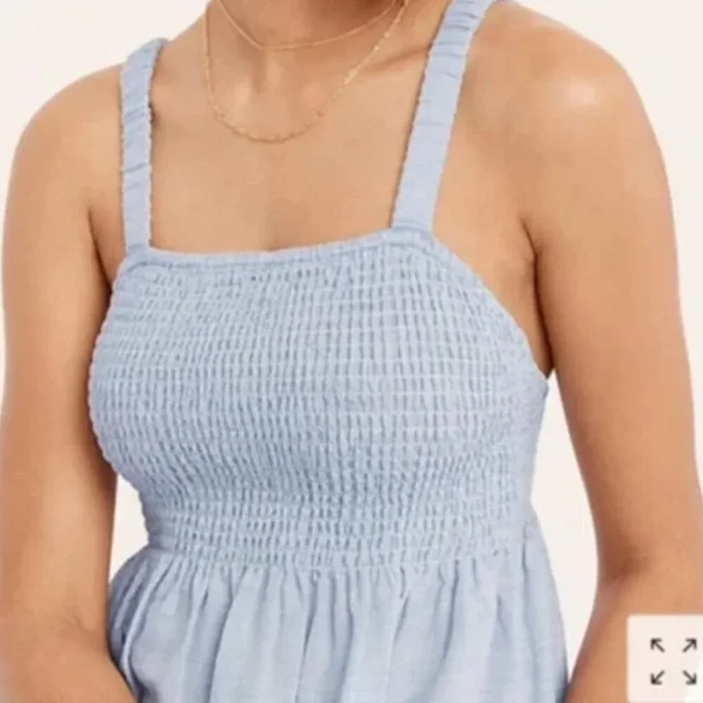J. Crew Blue Smocked Linen-Cotton Beach Midi Dress Size Medium 41855